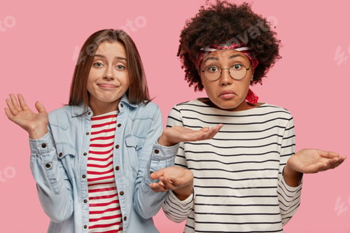 Preview: Puzzled Hesitant Girls Of Different Races, Spread Shouldrs With Puzzlement, Cant Make Decision