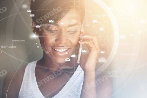Preview: Future, Technology, Business And People Concept: Attractive Woman Having Phone Conversation Using