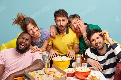 Preview: Five Fellows Laugh Loudly As Watch Funny Comedy Movie Or Comic Show, Enjoy Hilarious Scene, Eat