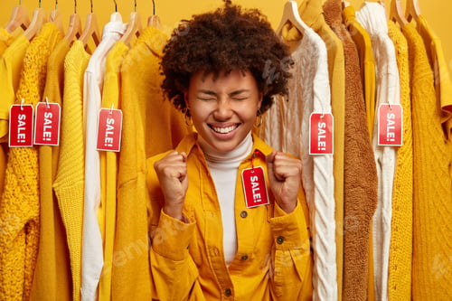 Preview: Cheerful Ethnic Woman With Afro Hairstyle Clenches Fists, Stands Between Bright Clothes On Racks