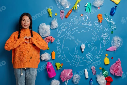 Preview: Shot Of Lovely Woman Has Two Pigtails, Makes Heart Gesture Over Chest, Dressed In Orange Sweater