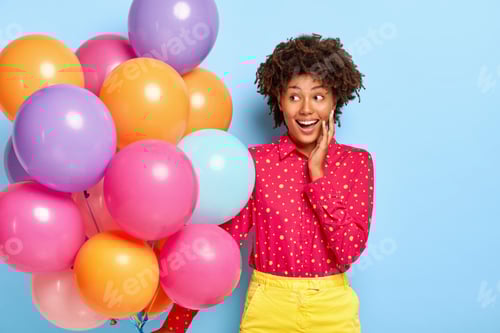 Preview: Happy Woman with Colorful Balloons Celebrates Birthday