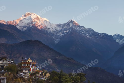 Preview: Rural Life In Front Of Gigantic Himalayas, Nepal. Incredible View Of Nepali Village With Buddhist