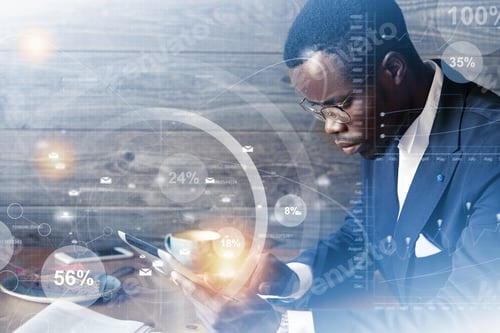 Preview: Double Exposure Of African American Entrepreneur In Formal Wear Checking E-Mail Or Texting A