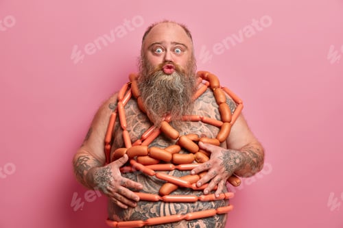 Preview: Funny Fatso Male Keeps Lips Rounded, Poses With Naked Body Wrapped By Sausages, Has Health Problems
