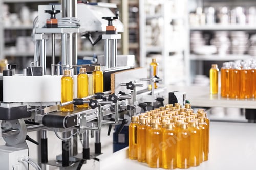 Preview: Bottles Filled With Soap Yellow Liquid Standing On Conveyor Belt In Factory. Automated Process Of