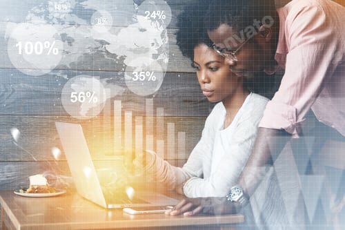 Preview: Worldwide Connection Interface. African Student In Pink Shirt Helping His Female Groupmate With Her