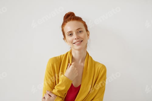 Preview: Adorable Young Female With Ginger Hair, Freckles And Shining Eyes Full Of Happiness, Wearing Yellow