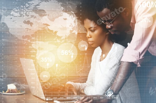 Preview: Worldwide Connection Interface. Portrait Of Two Partners Working Together At A Cafe, Discussing