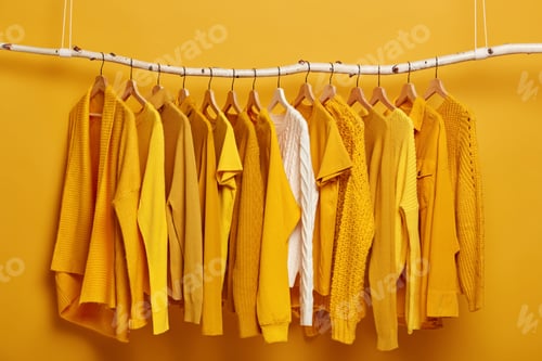 Preview: Clothes Purchasing Concept. Female Clothing Set On Rack In Wardrobe. Seasonal Collection Of Warm