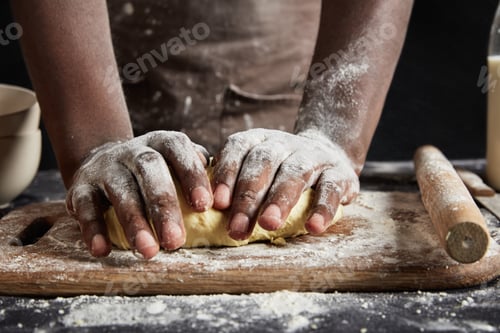 Preview: Cropped Image Of Skilled Hardworking African American Male Cook Prepares Handmade Dough, Kneads