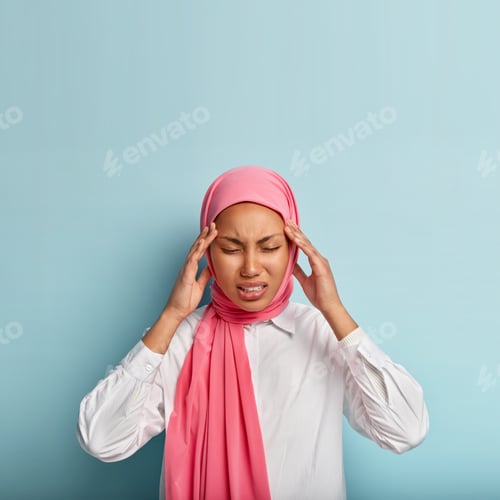 Preview: Displeased Young Muslim Woman Suffers From Painful Migraine, Touches Temples, Feels Intense, Has