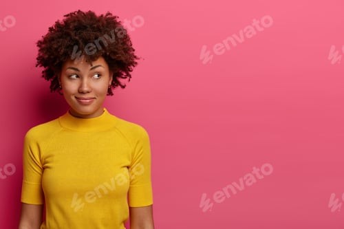 Preview: Portrait Of Thoughtful Dreamy Woman Has Gentle Smile, Looks Aside, Thinks Over Something, Wears