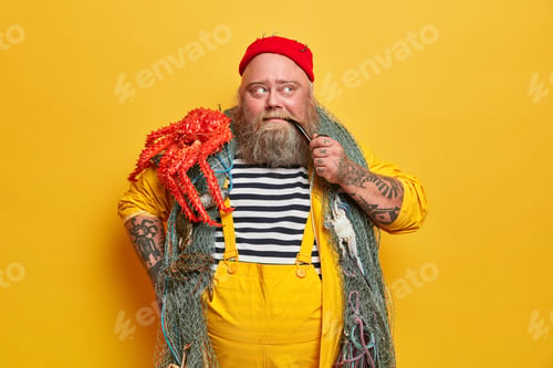 Preview: Fishing Lover Caught Octopus In Sea Or Ocean, Smokes Pipe And Thinks About Future Plans, Has Thick