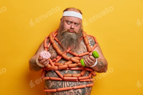Preview: Overweight Man Has Temptation To Eat Junk Food Goes In For Sport For Loosing Weight Has Intensive