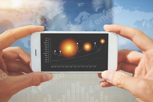 Preview: Visual Effects. Office Worker With Cell Phone In His Hands Analyzing Statistics. Freelancer Using