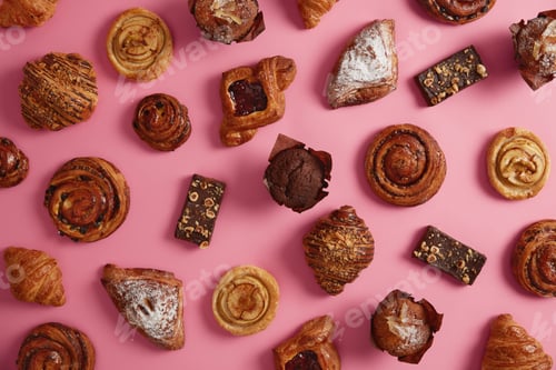 Preview: Various Sweet Appetizing Bakery Products Isolated Over Rosy Background. Various Croissants, Buns