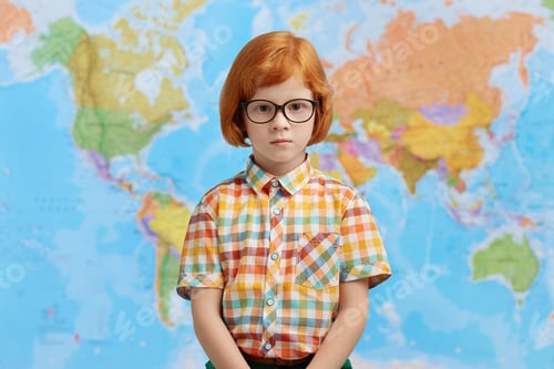 Preview: Little Boy With Ginger Hair, Wearing Checkered Shirt And Eyeglasses, Standing Against Map