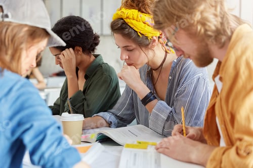 Preview: Youth, Education And Friendship Concept. Group Of Clever Creativ Students Sitting Together In