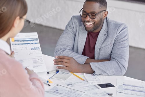 Preview: Dark Skinned Wears Formal Clothes, Discuss New Ideas With Business Partner, Sit In Coworking Area
