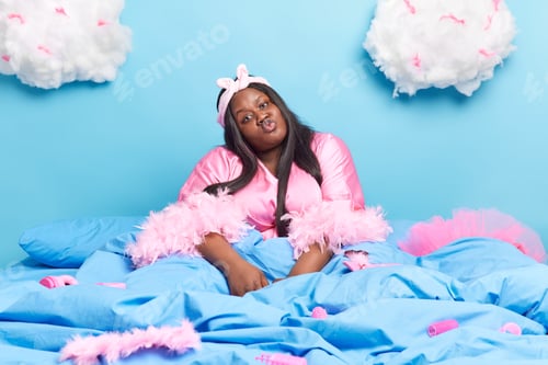 Preview: Romantic African American Woman Keeps Lips Folded Wants To Kiss Her Husband Has Lazy Day At Home