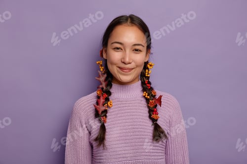 Preview: Glad Natural Asian Woman Celebrates Fall, Finds Inspiration In Nature, Has Two Plaits Decorated