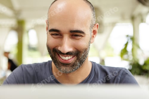 Preview: People, Technology And Leisure Concept. Headshot Of Good-Looking Middle-Aged Bearded Man Having