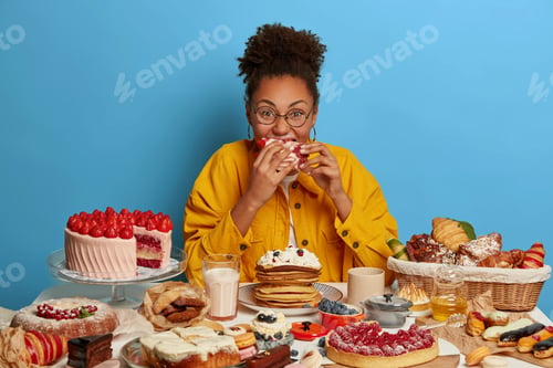 Preview: Funny Glutton Woman Bites Cakes With Big Appetite, Cant Stop Eating Sweet Desserts, Being In Mood
