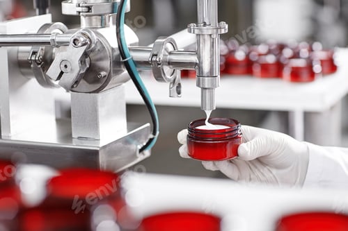 Preview: Production And Packaging Of Cosmetics Products. Cropped Shot Of Factory Worker In Gloves And Gown