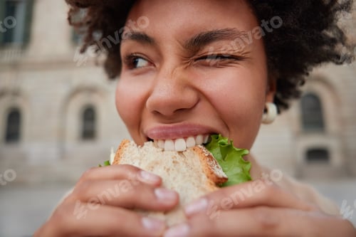 Preview: Close Up Shot Of Positive Curly Haired Glad Young Woman Winks Eye Holds Appetizing Sandwich With