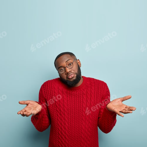 Preview: Why Not To Choose This? Clueless Bearded Unshaven Afro American Guy Shruggs Shoulders, Being