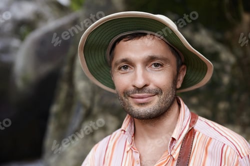Preview: Nature Protection Concept. Headshot Of Handsome Caucasian Male Conservationist Dressed In Striped