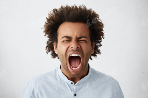Preview: Close-Up Of Afro American Man With Bushy Hair And Pure Skin Having Closed Eyes And Wide Opened