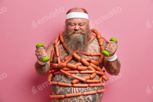 Preview: Diet, Sport And Willpower. Happy Motivated Guy With Fat Belly, Fights Against Obesity, Goes In For