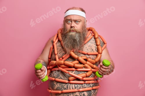 Preview: Serious Plump Man Raises Dumbbells, Works On Losing Weight, Keeps To Diet, Refuses Eating Sausages