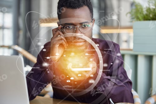 Preview: Photo Of Dark Skinned Entrepreneur Uses Smart Phone In Office With Double Exposure, Screen