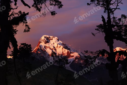 Preview: Beautiful Outdoor Shot Of Craggy White Peak Of Annapurna South Taken From Behind Trees. Gorgeous