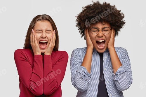 Preview: Desperate Outraged Women Touch Face With Hands, Shout Loudly, Express Anger, Yell With Terrible