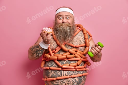 Preview: Obesity Causes. Funny Bearded Adult Man With Excess Weight, Struggles Against Sugar Addiction, Eats
