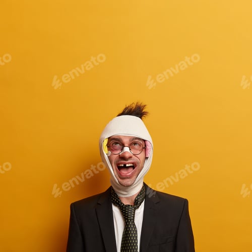 Preview: Crazy Bruised Injured Man With Plaster On Nose, Missing Teeth, Beaten By Someone During Gang Wars