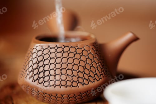 Preview: Close-Up Wooden Table For The Tea Ceremony Utensils On Tea Master Background At Home