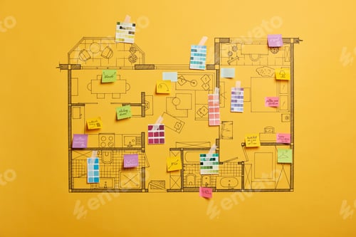 Preview: Home Renovation And Design Concept. House Scheme Of Different Rooms. Furnishing Project. Sticky
