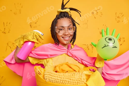 Preview: Positive African American Woman Pretends Being Superhero Saves World From Dirt Uses Cleaning