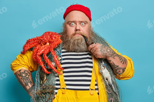 Preview: Photo Of Emotional Very Shocked Fisherman Has Eyes Popped Out, Sees Big Storm At Sea, Smokes Pipe