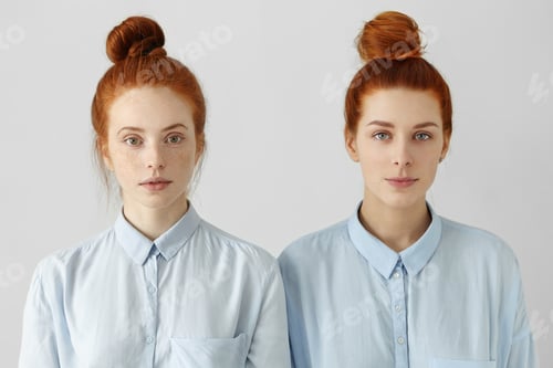 Preview: Indoor Shot Of Two Gorgeous Redhead Girls Looking Alike Wearing Same Hair Buns And Identical Shirts