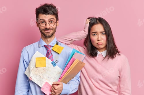 Preview: Displeased Tired Female Student Leans At Shoulder Of Groupmate Worked Together At Project Work Did