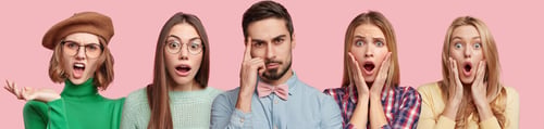 Preview: Shocked Stressful Four Women And Thoughtful Bearded Male In Formal Clothing, Isolated Over Pink
