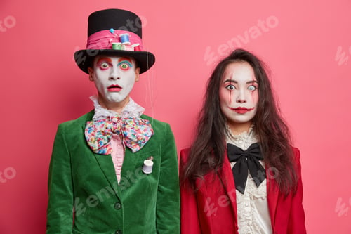 Preview: Shocked Scary Couple Celebrate Halloween Have Professional Makeup And Wear Costumes Pose Next To