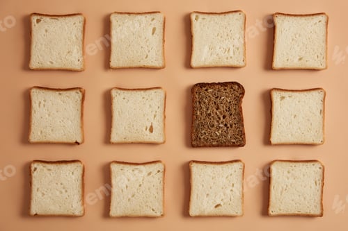 Preview: Set Of White And Wholegrain Bread Slices On Light Beige Background. Rectangular Pieces Of Bread