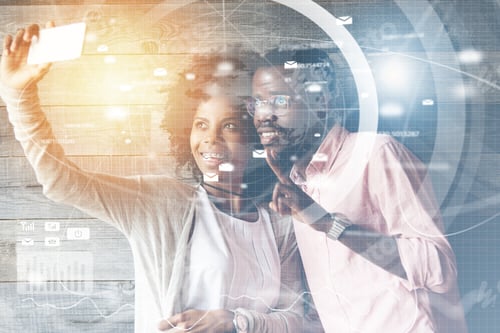 Preview: Worldwide Connection Interface. Young Happy African American Couple Having Fun, Taking Selfie With